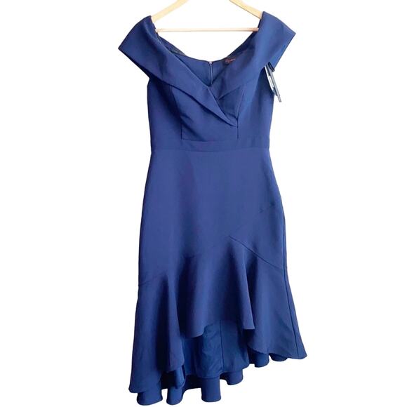 Aqua Navy Crepe Off the Shoulder Dress Special Occasion Navy Blue 6 - Picture 2 of 12